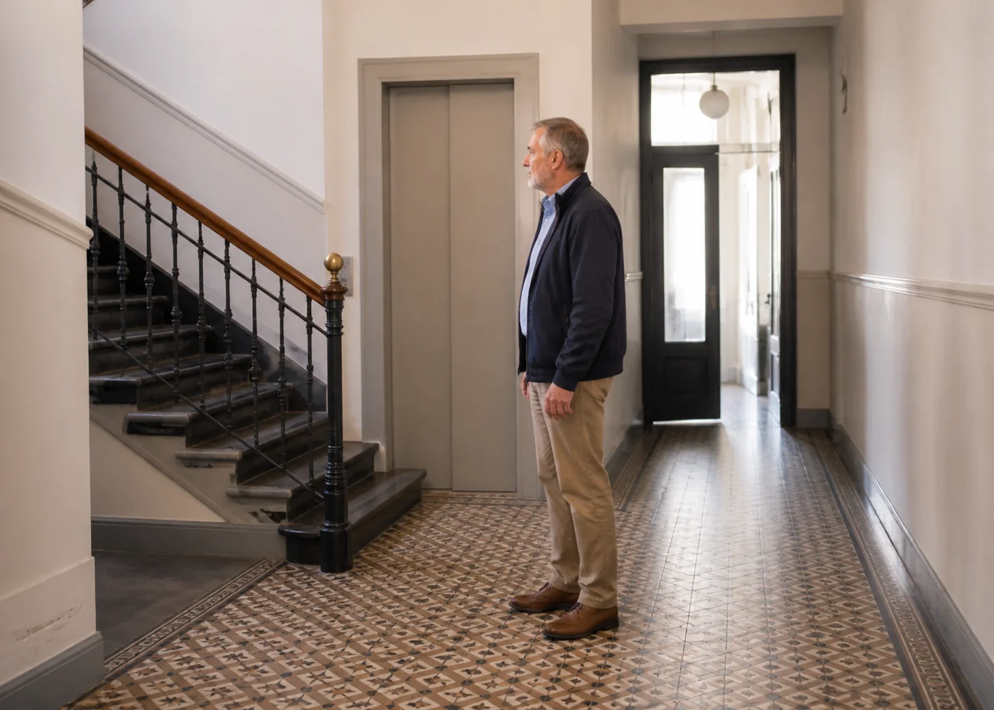 Eigentümer in einem hellen gemeinschaftlichen Hausfoyer mit Treppe und Aufzug