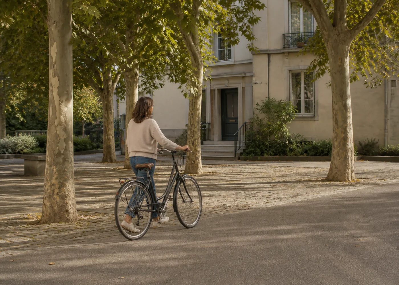 Käuferin geht mit einem Fahrrad über einen begrünten Platz zu einem Wohngebäude